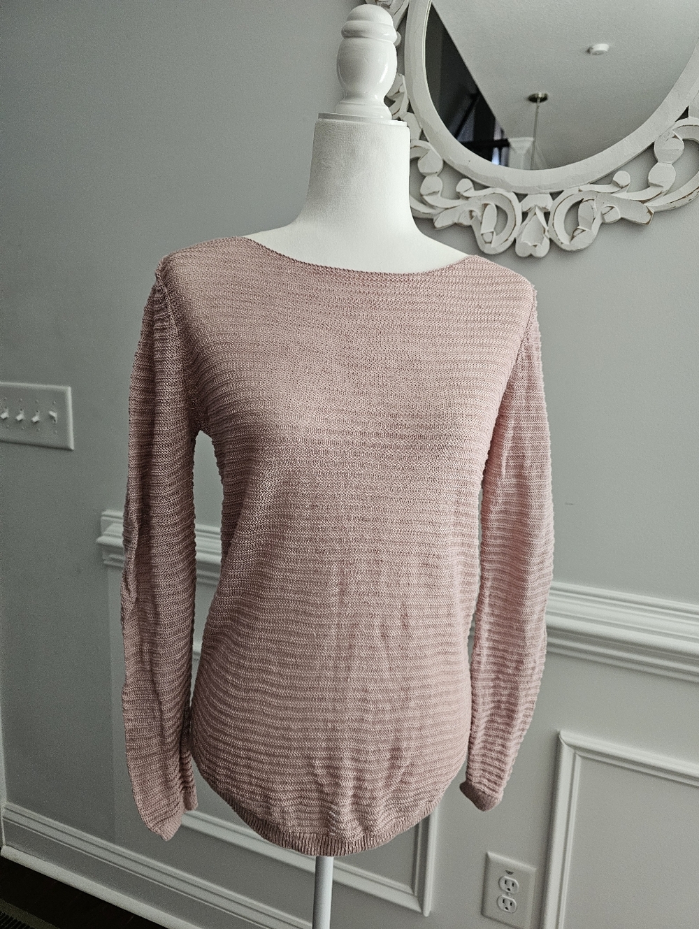 Tahari 100% Linen Light Pink Textured Knit Crewneck Pullover Sweater Size M